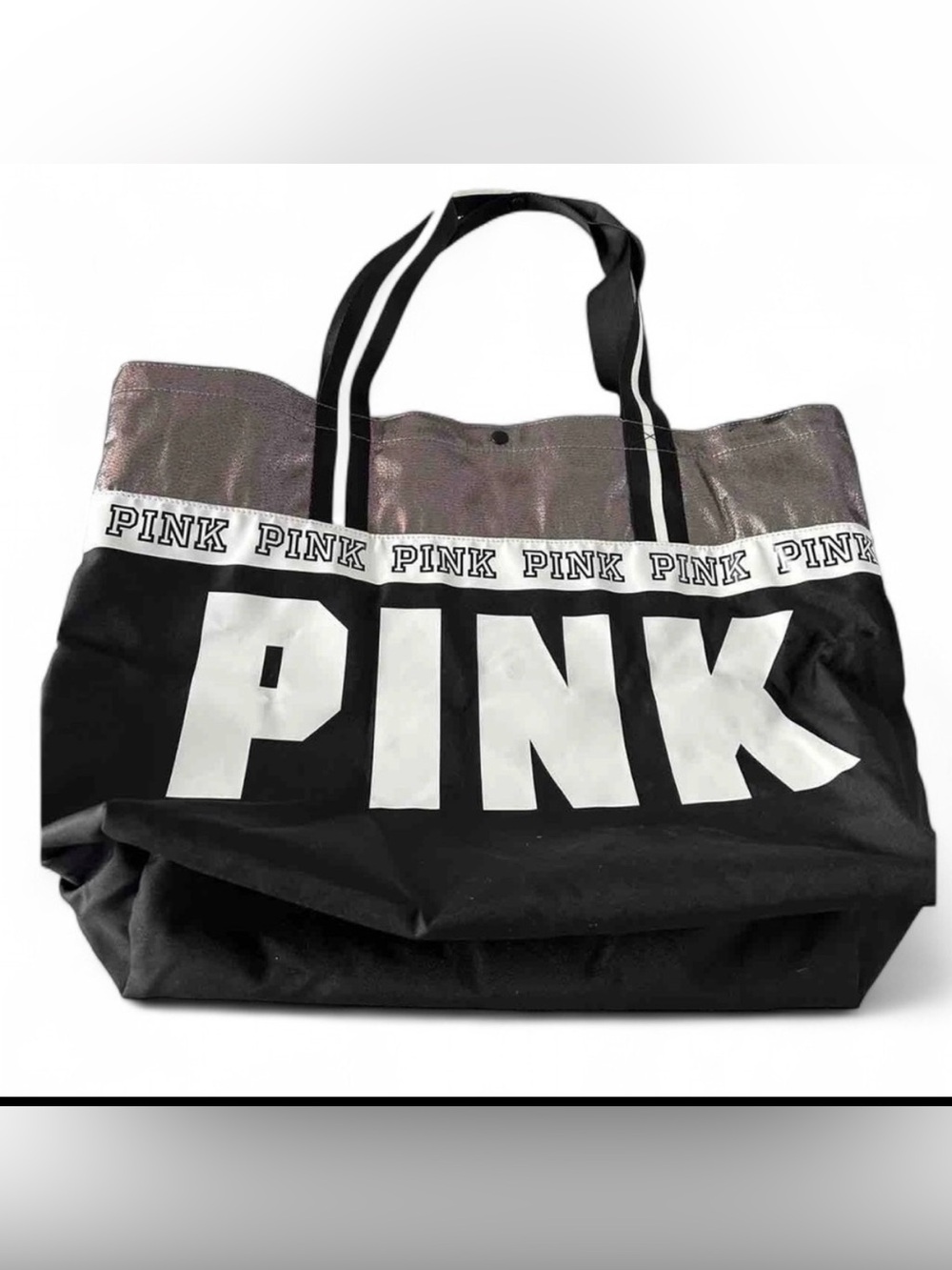 Victoria’s Secret PINK Y2K Large Tote Bag Black Silver Glitter Beach Gym Travel